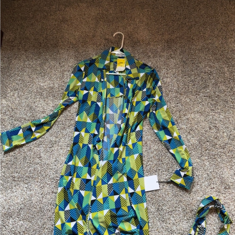 Calvin Klein Geometric Blue and Green Midi Dress